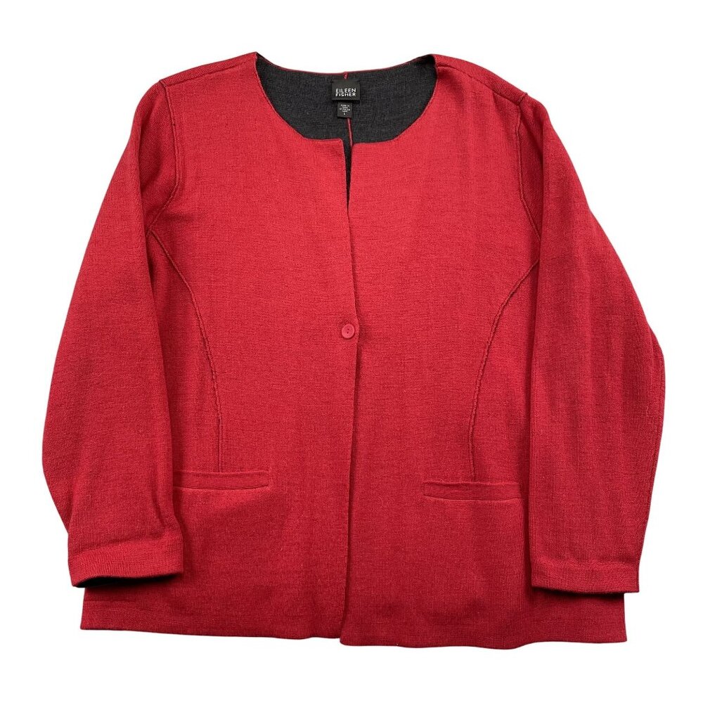 Eileen Fisher Cardigan Womens Large Red 100% Merino Wool Single Button